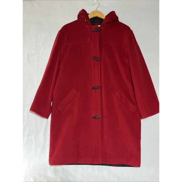 Vintage LL Bean Wool Blend Toggle Duffel Coat Womens 10 Red Hooded Plaid Lined - Picture 1 of 13